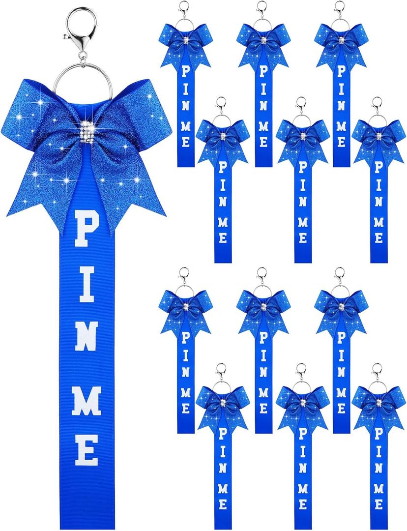 Landical Cheer Pin Me Ribbon Cheerleader Ribbon Keychain with Rhinestones Bow for Cheerleader Bag Backpack (Blue)