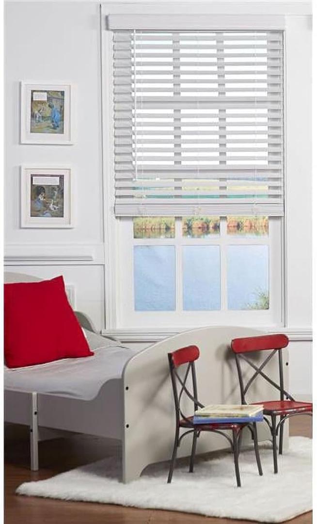 White Cordless Faux Wood Blinds for Windows - 32 in. W x 64 in. L