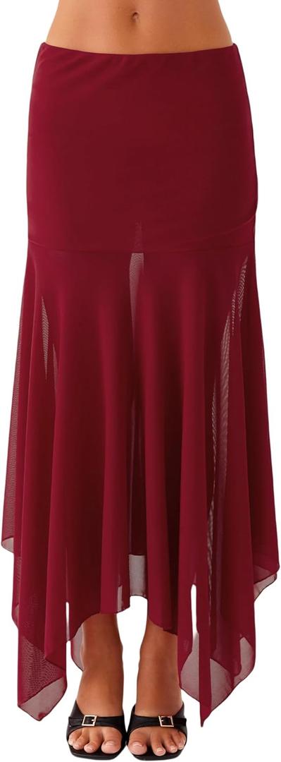 Hafailia Women Mesh Asymmetrical Maxi Skirt Low Rise Sheer Wine Red XS (Red, XS)