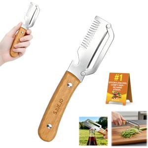 Multifunctional Vegetable Peeler for Kitchen Tool Wooden Smooth Handle and Bottle Opener, Made of Stainless Steel 2 in 1 Potato Garlic Cucumber Orange Pumpkin Fruit (Shredded Style(1pc))