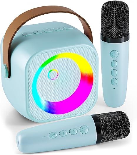 Mini Karaoke Machine, Portable Bluetooth Karaoke Speaker with 2 Wireless Microphones and Party Lights for Kids and Adults, Birthday Gifts for Girls Boys Family Home Party (Blue)