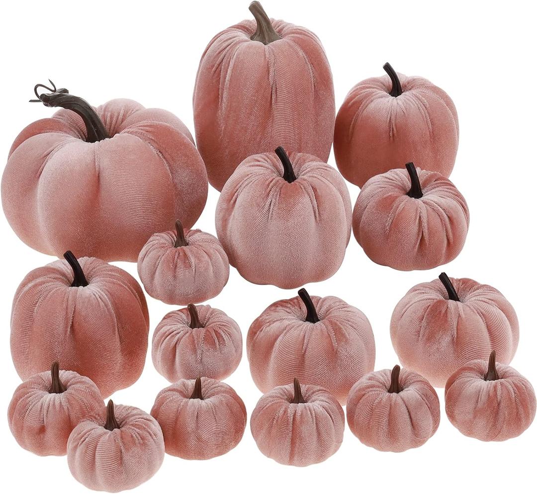 16Pcs Pink Fake Foam Pumpkins Decorating Velvet Fabric Pumpkin Bulk Fall Table Bowl Centerpiece Farmhouse Harvest Decorative Halloween