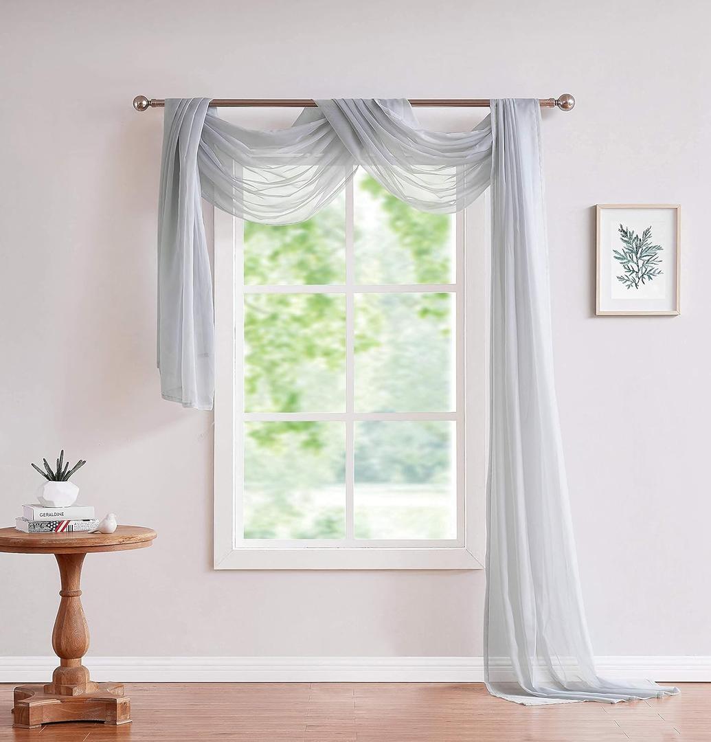 LinenZone Silver Window Scarf Valance in 216 Inch Size. Use Window Scarves as Canopy Bed or Backdrop Curtains, Curtain Scarf, or Sheer Fabric for Draping. (Amazing 55 x 216, Silver)