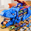 Dinosaur Planet Toddler Truck Toys for 3 4 5 6 Years Old Boys, Cars Track Set Dinosaur Transporter Truck with 10 Die-Cast Car Toys, Transforms into Dino with Wings and Handle for Kids, 4 Pack