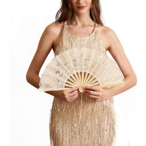 Happy Feather Lace Fan with Folding Handheld, Embroidered Flowers Pattern Hand Fans for Wedding Bridal Tea Dancing Party -Beige