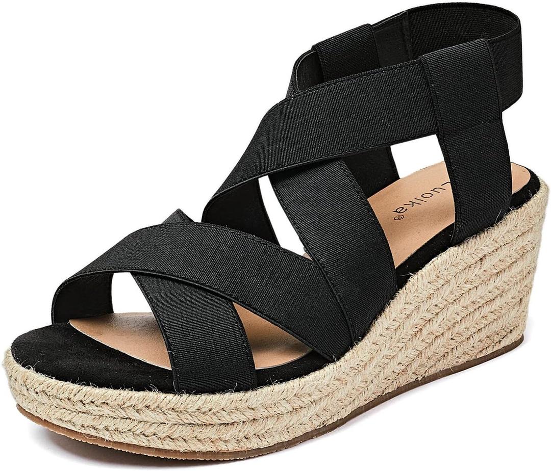 Luoika Women's Wide Width Wedge Sandals, Platform Ankle Strap Open Toe Espadrille Wedge Pump Heel Women's Sandals Concise Casual Summer Shoes. (7 X-Wide, Black 713)