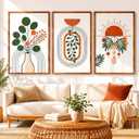 Boho Wall Art Set of 3 Framed Canvas Prints, Abstract Geometric Line Art with Sun & Botanical Leaf, Minimalist Sage Green Wall Decor for Living Room Bedroom Bathroom Home Office, 16x24 Inch