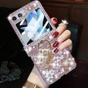 for Samsung Galaxy Z Flip 5 Glitter Case with Hinge Protection Ring Holder, Cute Luxury 3D Crown Crystal Rhinestone Diamond Gems Bling Sparkle Shiny Women Girl Case for Galaxy Z Flip 5 5G, Pink