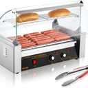 VEVOR Hot Dog Roller 7 Rollers 18 Hot Dogs Capacity 1050W Stainless Sausage Grill Cooker Machine with Dual Temp Control Glass Hood Acrylic Cover Bun Warmer Shelf Removable Oil Drip Tray, ETL Certified (7 Rollers+Cover)