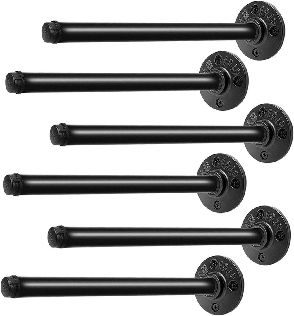 Pipe Shelf Brackets 10 Inch, Industrial Black Metal Wall Pipe Floating Shelf Bracket Heavy Duty Decorative Shelving Brackets for Wood Shelves, Rustic Farmhouse Vintage Style - 6 Pack