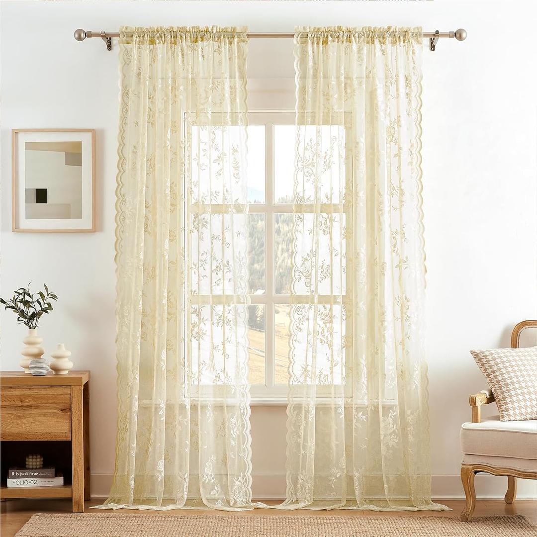 Beige Lace Curtains 96 Inches Long 2 Panels Sheer Floral Curtains for Living Room Bedroom Rod Pocket Light Filtering Drapes French Large Window Decor for Dining Room Hallway Doorway Sunroom, 52x96
