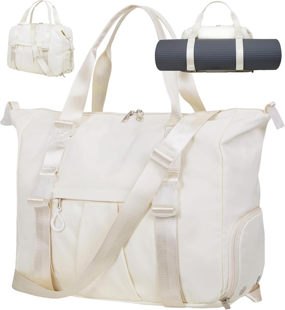 ERTUNA Gym Bag with Yoga Mat Holders, Carry On for Pilates Women & Men with Laptop & Shoe Compartment Large Duffle Travel Weekender Tote with Key Ring Clip Personal Item Workout, Easy to Clean - Beige