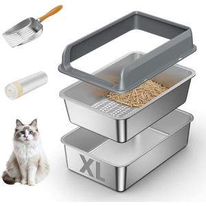 Stainless Steel Sifting Litter Box with Lid,Extra Large Metal Sifting Cat Litter Box for Pine Pellets,High Sides Sifter Litter Pan System for Kittens,Odor Control,Sifting Box Liners and Scoop