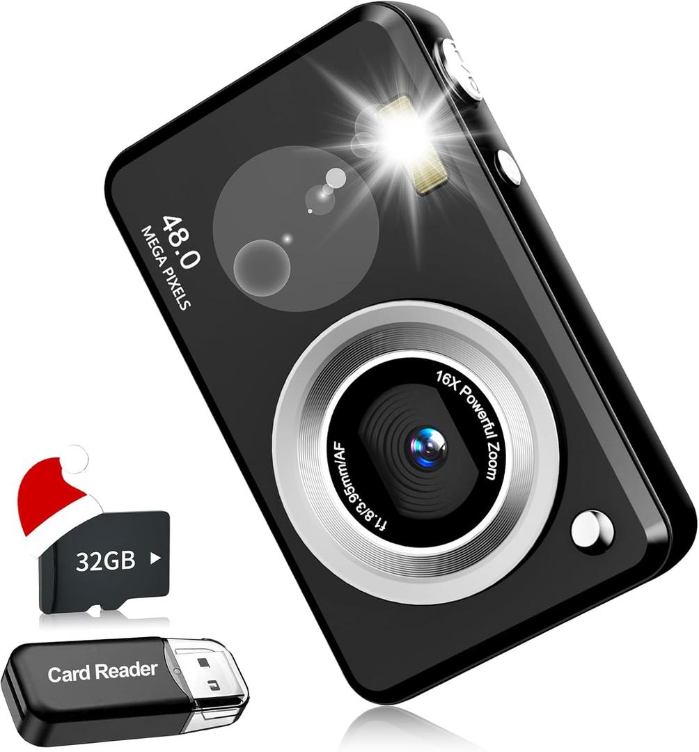 Digital Cameras FHD Camera for Kid Boys Girls Compact Digital Point and Shoot Camera with 16X Zoom 32GB Card Kids Camera for Kids (grayish black)
