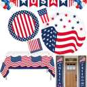 Oojami 4th of July Patriotic Party Supplies for 18 Guests  Includes Plates, Cups, Napkins, Table Cover, USA Banner, Balloons & Porch Banner  Red, White & Blue Decorations