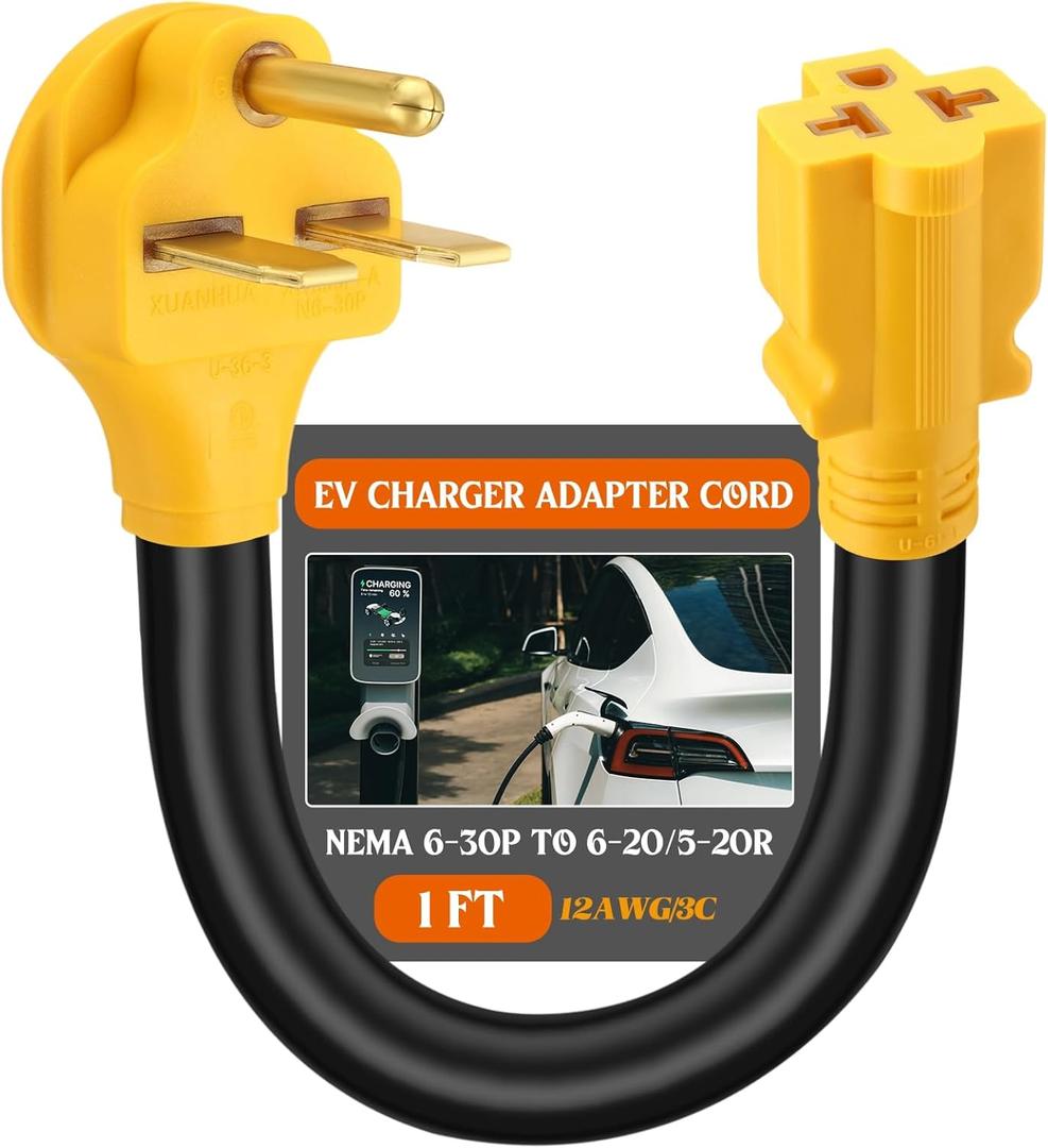 Tellegloww 6-30P to 6-20/15R or 5-20/15R EV Adapter Cord Compatible with NEMA, 30 Amp 3 Prong 240V Male 6-30P Female 6-20/15R or 5-20/15R T Blade for EV Charger Welder Heater, 12 AWG, 1FT, 12 Inch