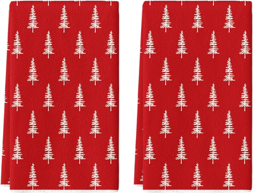 Artoid Mode Red Xmas Tree Christmas Kitchen Towels Dish Towels, 18x26 Inch Farmhouse Holiday Winter Decoration Cleaning Set of 2