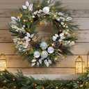 28 Pre-Lit Artificial Christmas Wreath, Theme Battery Operated 35 LED Lights with Faux Greenery, Pine Cones, Silver Leaves, White Berries and Silver Ornaments