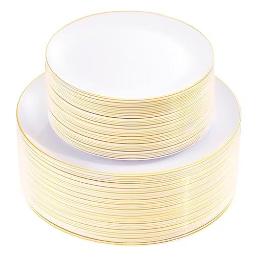 KIRE 100PCS Disposable Plates - White with Gold Rim for Easter/Wedding/Spring Party- Includes 50Pieces 10.25inch Dinner and 50Pieces 7.5inch Dessert/Salad Plates