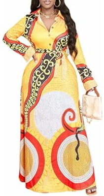 MsavigVice Maxi Dresses for Women V Neck Long Sleeves Button Down Chruch Dresses Loose Big Swing Long Dress with Pockets, L