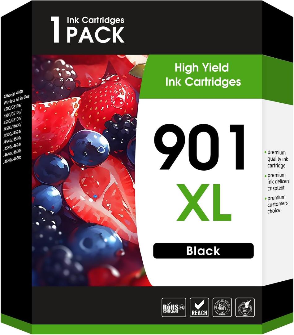 901 901XL Black Ink Cartridge Compatible for HP 901 Ink Cartridge Work for OfficeJet J4550 J4680 J4580 J4540 J4500 J4680c G510a G510b G510g G510h G510n J4524 J4525 Printer