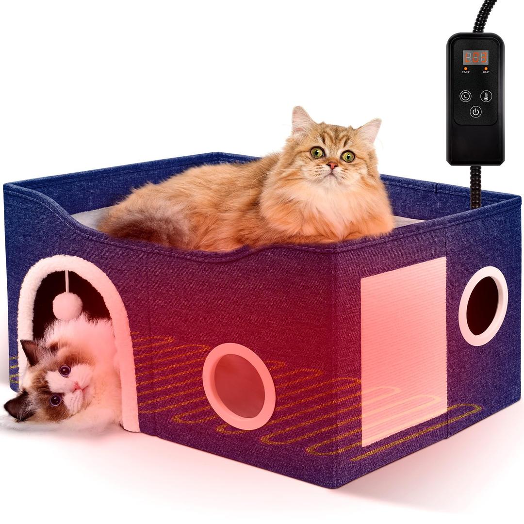Indoor Heated Cat House, Adjustable Temperature Cat Heating Bed with Timer and Chew Resistant Cord, Large Cat House with Heating Pad for Small Medium and Large Cats