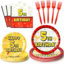 96PCS Cartoon Lighting Bolts Birthday Decorations Serve 24 Guest | Red White Yellow Lighting Bolts Happy 5th Tableware Supplies Cartoon Plates Napkins Forks for Birthday Party Table Decoration