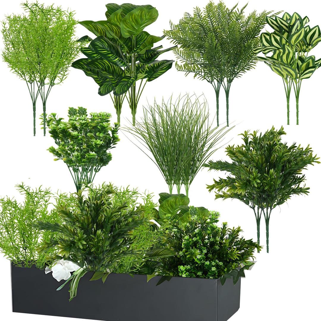 15Pcs Outdoor Artificial Plants UV Resistant Fake Plastic Greenery Spring Grass for Outside Yard Front Porch Patio Window Box Planter Basket Decor (Yellow Green)