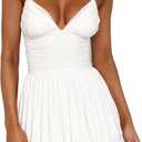 Mokoru Women's Sexy Sleeveless Spaghetti Strap Mini Dress Ruched Ruffle Hem V Neck Short Party Dresses (White, S)