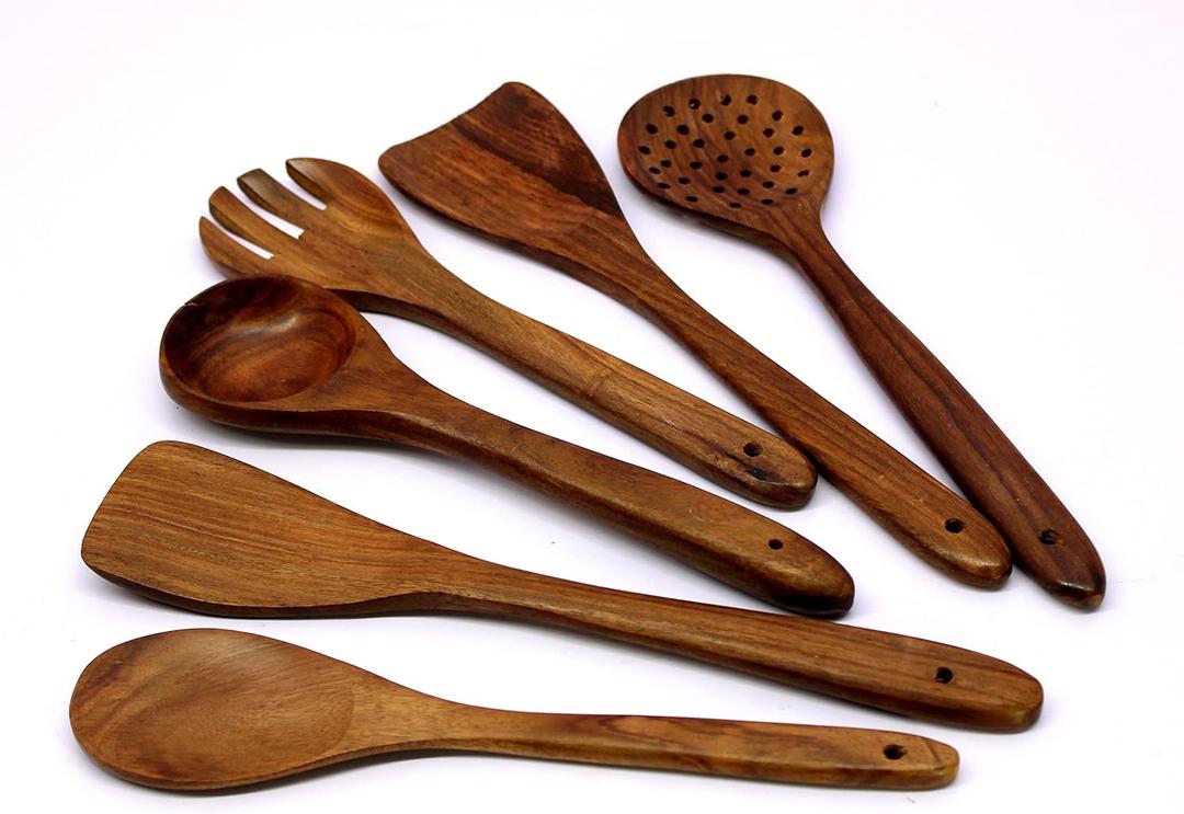 KLEO - Set of 5 Spoons - Solid Wooden Spoons & Turner Set | Serving Spoons | Salad Spoons | Ladles | Cutlery Set | Cooking Spoons