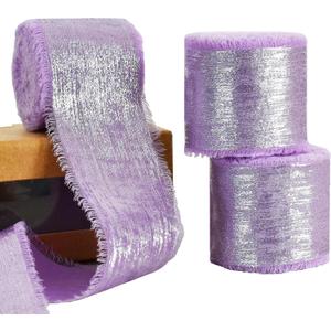 3 Rolls Light Purple Glitter Chiffon Ribbon, 1.5 Inch 15 Yards Silver Silk Frayed Ribbon for Flower Bouquet, Gift Wrapping, Wedding, Birthday Party Decor