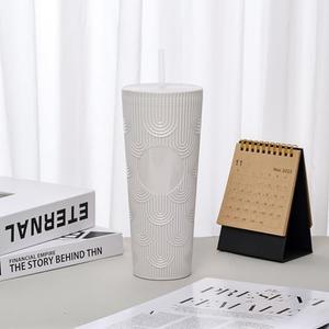 MiniYoSexier 24oz Plastic Coffee Tumbler with Lid&Straw Fashion Water Ripple Venti Iced Coffee Cup Double Wall Smoothie Cup Beverage Water Bottles Washable Portable Bottle Reusable BPA Free (White)