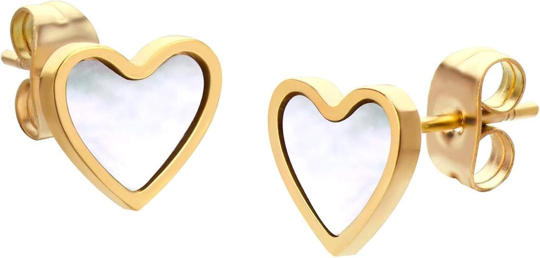 555Jewelry Small Delicate Mother of Pearl Heart Stud Earrings for Ladies & Women