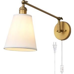 PERMO Retro Swing Arm Wall Sconce Plug in Wall Lamp Single Sconce Light Fixture with White Fabric Shade for Bedroom, Living Room, Office (Antique Gold)