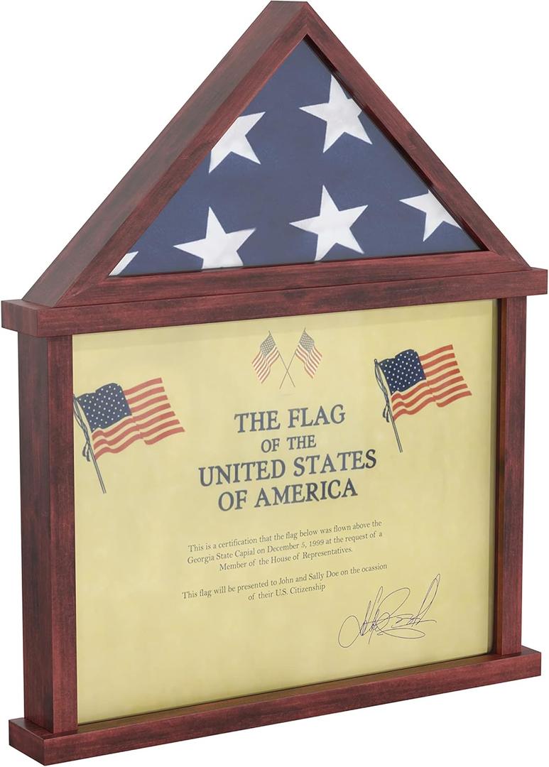 HBCY Creations Flag Display Case with Certificate Holder for 3' x 5' American Flag, Solid Wood with Glass Front with Wall Mount or Standing Display, Cherry Finish
