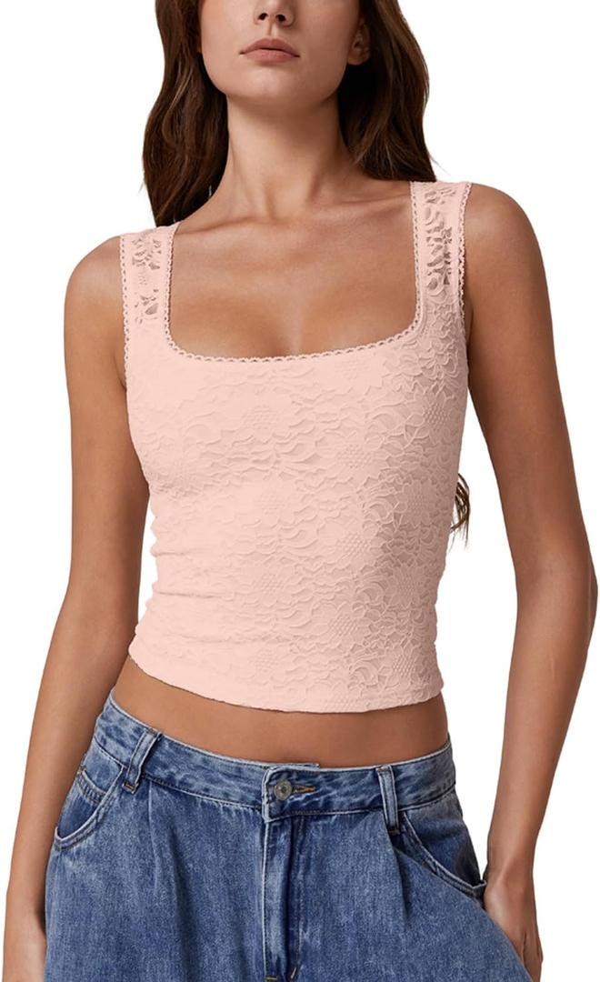 QINSEN Women's Lace Trim Square Neck Sleeveless Double-Layer Tank Top, Pink, Small