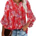 Angerella Womens 3/4 Sleeve Dressy Casual Top Trendy Shirts V Neck Business Work Chiffon Blouses (X-Large, Red)