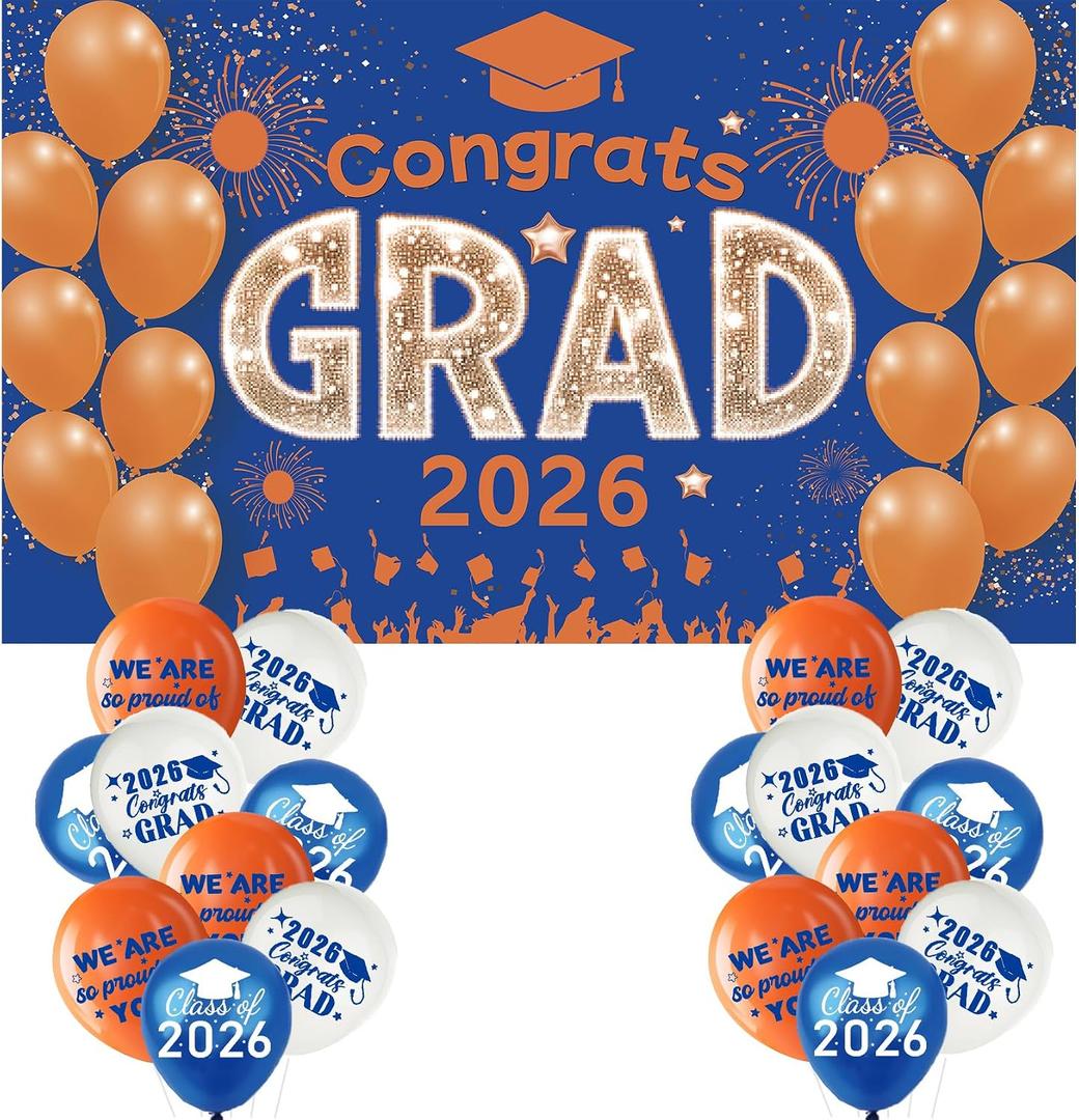 Blue Orange Graduation Decorations Class of 2026 Banner with 18 Pcs Balloons Set - Large Congrats Grad 2026 Graduation Backdrop Decor, Blue Graduate Balloons Grad Party Decorations