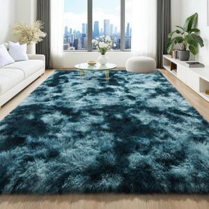 4x6 Area Rugs for Living Room, Tie-Dyed Ultra Soft Fluffy Washable Non-Slip Rug, Plush Shaggy Modern Indoor Carpet for Kids Girls and Boys Dorms Nursery Bedroom Office Home Decor, Peacock Blue