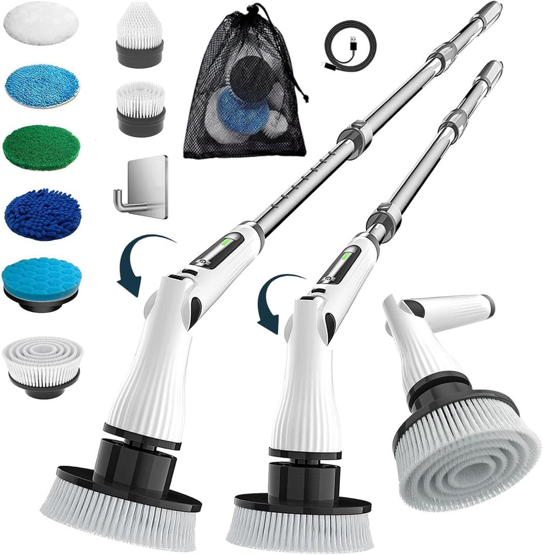 Electric Spin Scrubber, 8 in 1 Electric Cleaning Brush, Cordless Rechargeable Scrub Brush with 8 Replaceable Brush Heads, Adjustable Length and Angle Power Scrubber for Bathroom Tile Bathtub Glass (White Lz52)