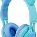 Riwbox Kids Headphones, CT-7S Cat Ear Bluetooth Headphones with LED Light, 85dB Volume Limiting, Over Ear with Microphone for Laptop/PC/TV (Blue & Green)