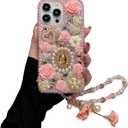 iFiLOVE for iPhone 16 Bling Diamond Case with Flower Strap, 3D Luxury Sparkle Glitter Crystal Rhinestone Pearl Love Rose Wristband Bracelet Case Cover for Girls Women Kids (Pink)