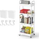 4 Tier Rolling Utility Cart with Handle,REBECAT Utility Cart Made of Multifunctional Storage Organizer Tool for Kitchen,Bathroom,Living Room,Office(White)