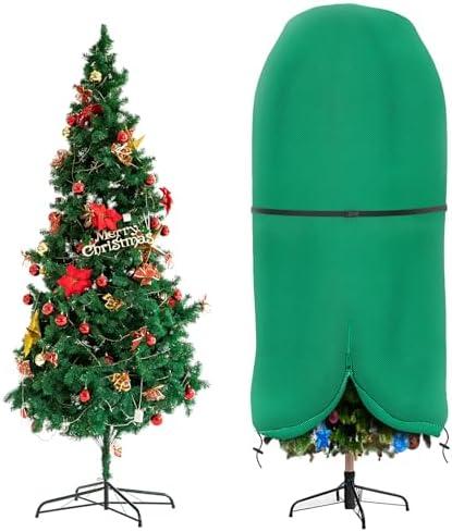 Upright Christmas Tree Storage Bag with Adjustable Straps, Xmas Tree Cover with Zipper & Drawstring for up to 9 Foot Artificial Tree Standing with Ornaments, Dustproof - Green