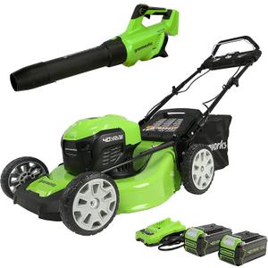 Greenworks 40V 21" Brushless (Smart Pace) Self-Propelled Lawn Mower, 2 x 4Ah USB Batteries and Charger Included MO40L4413 with Greenworks 40V Axial Leaf Blower, Tool Only, 2416202AZ
