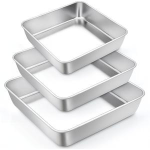 TeamFar Square Cake Pan, 6/8 / 9 Inch Stainless Steel Square Baking Pan for Cake Brownie Lasagna, Non-Toxic & Heavy Duty, One Piece Design & Deep Wall, Smooth & Dishwasher Safe Set of 3