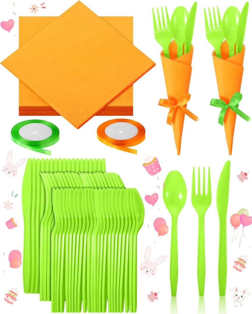 Domensi Hawaiian Luau Napkin Cutlery Set Theme Birthday Party Tableware Include Disposable Spoons Forks Knives Paper Napkins Satin Ribbons(Orange and Green)