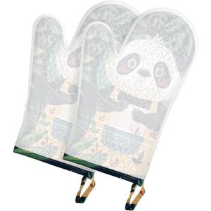 ANNA QUEEN Oven Mitts Set of 2 with Clear Silicone Shell and Panda Print Cotton Lining, Heat Resistant Kitchen Oven Gloves Pot Holders