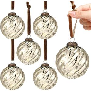 Threan 6 Pcs Large Vintage Mercury Glass Christmas Ornaments 3.15" Hanging Christmas Ball Ornaments Antique Embossed Ball Decorations for Xmas Tree Garland Wreath Holiday Decor (Champagne Gold,Twist)