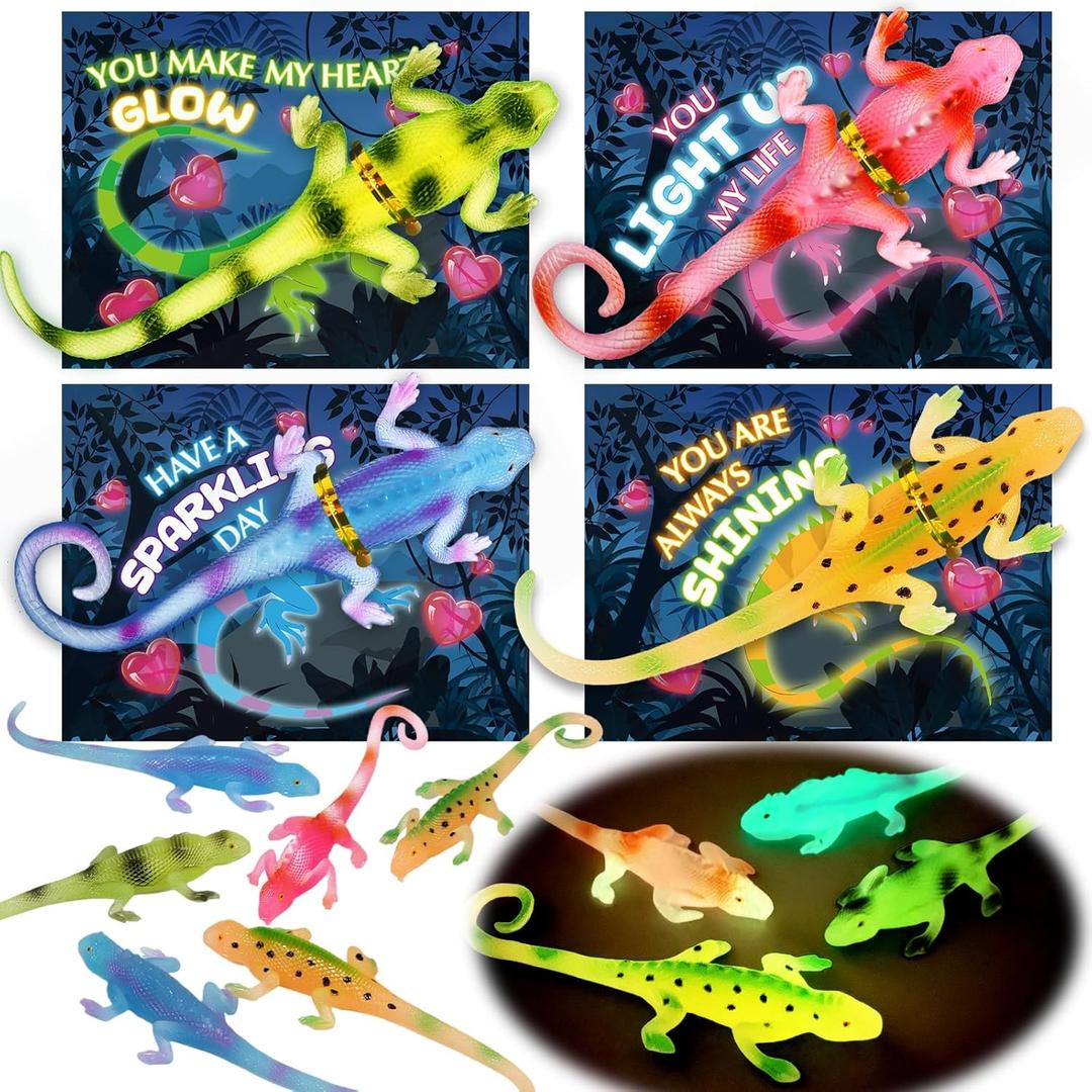 SpringFlower 24 Pack Valentines Day Gift Cards with Glow in The Dark Lizards,Fidget Toy for for Classroom,Valentine's Gifts Exchange For School,Valentine's Party Favors & Prizes for Kids